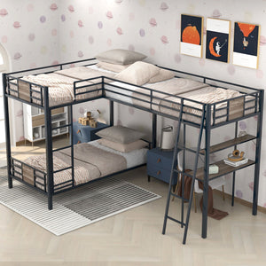 L-Shaped Twin Over Twin Bunk Bed With Twin Size Loft Bed With Desk And Shelf - Brown by Couch.com