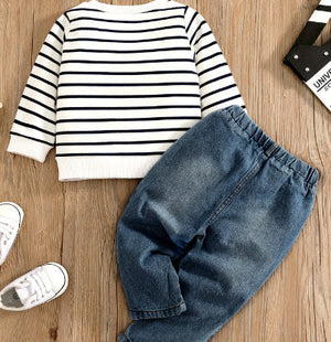 Children's Baby Suit Embroidered Striped Long-sleeved Jeans Suit