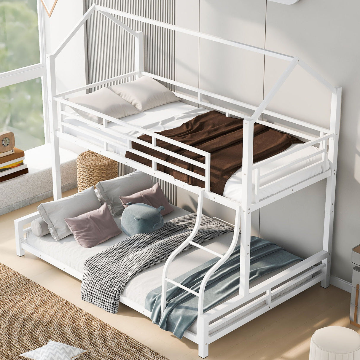 Twin Over Full Metal House Bunk Bed - White by Couch.com