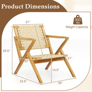 Outdoor and Indoor Teak Wood Patio Chair wuth Webbing Seat and Backrest-Natural