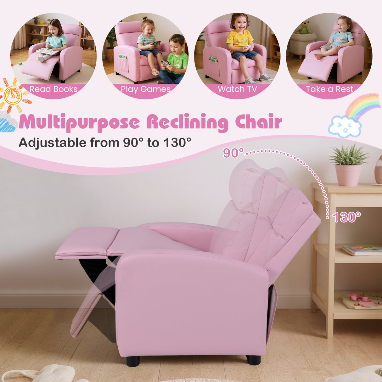 Ergonomic PU Leather Kids Recliner Lounge Sofa for 3-12 Age Group-Pink