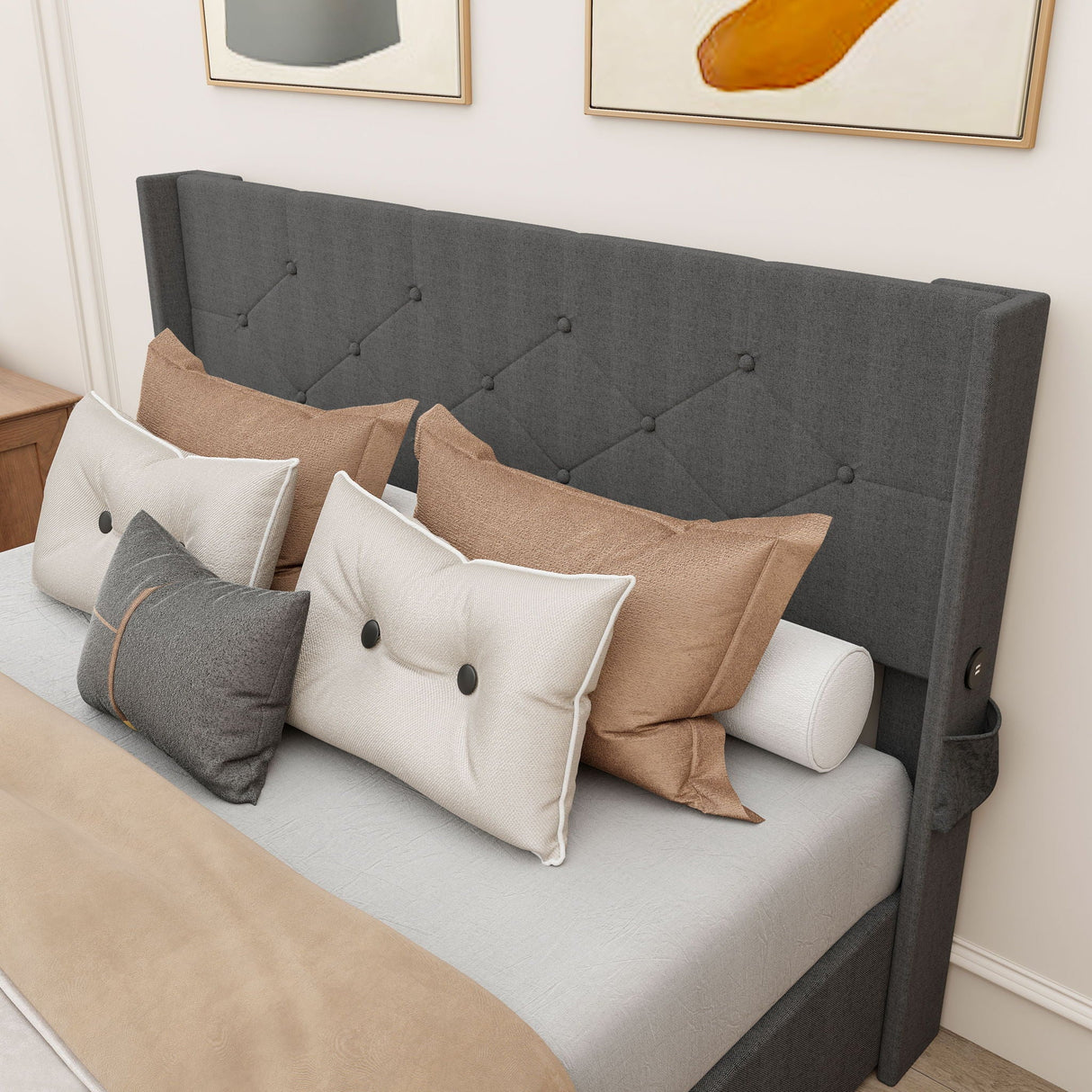 Modern Queen Size Bed Frame With Storage, Wingback Headboard, USB Ports - Dark Gray by Couch.com
