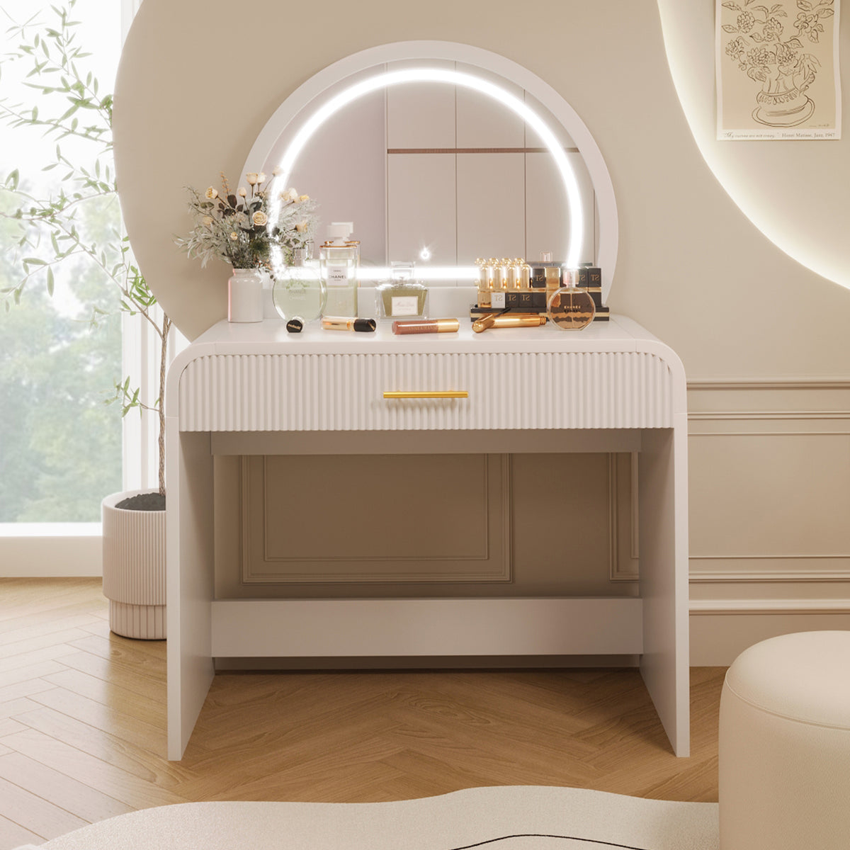 39' Makeup Vanity Table with Mirror Touch Screen Lighted Mirror, Dressing Table with Drawer for Bedroom, White
