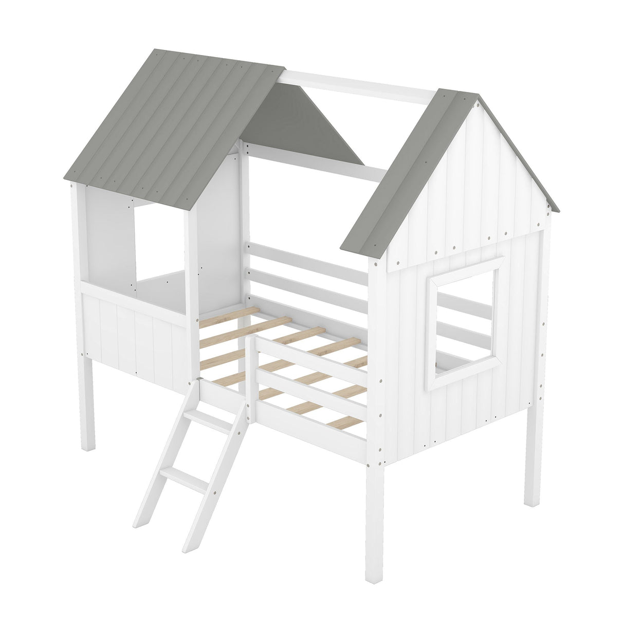 Low Loft Wooden House Bed With Two Side Windows by Couch.com