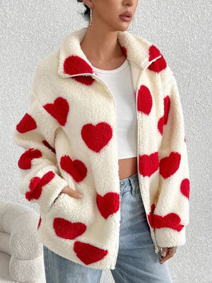 Cute Heart Zip Up Drop Shoulder Furry Jacket Cozy & Trendy Cold-Weather Essential Warm Soft Winter Jacket For Your Girl