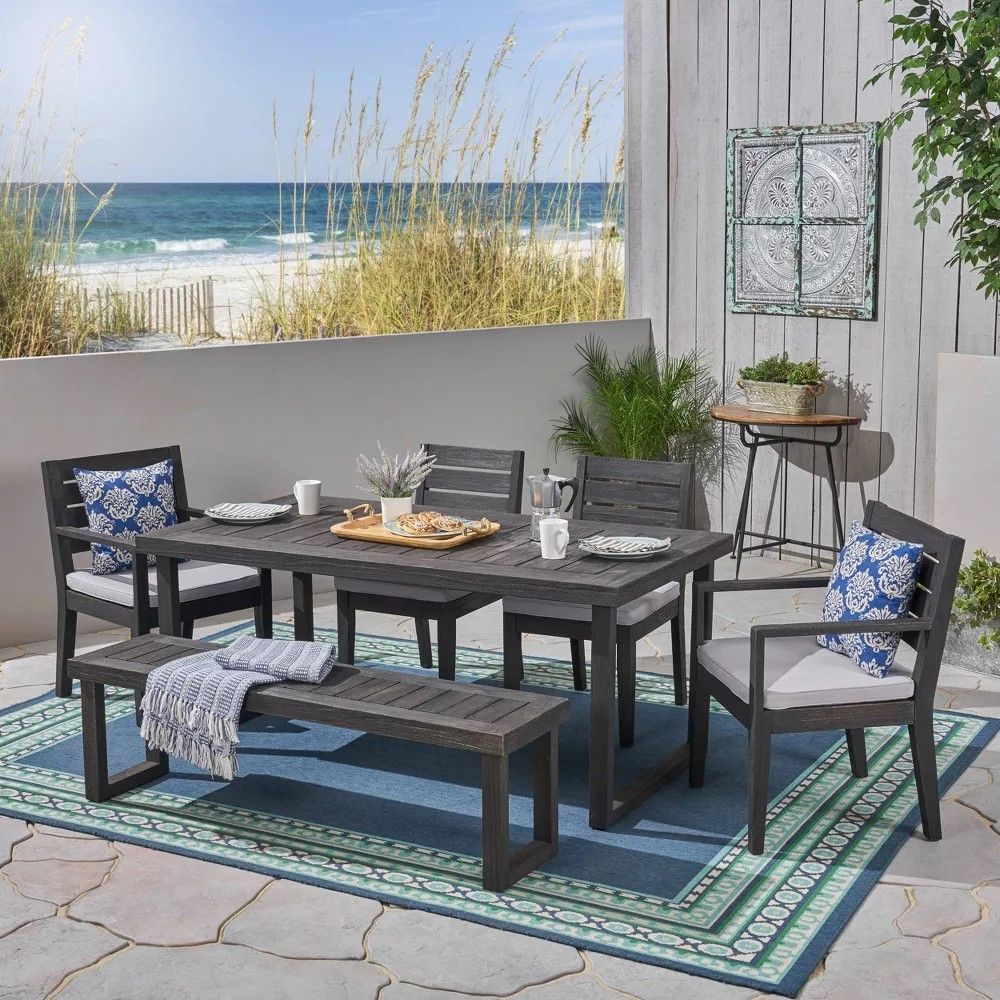Outdoor 6 Seater Dining Set With Bench - Dark Gray / Light Gray by Couch.com