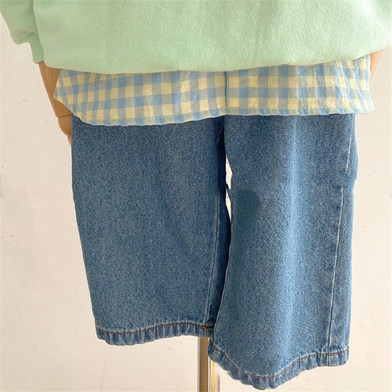 Children's Elastic Waist Leisure Washed-out Jeans