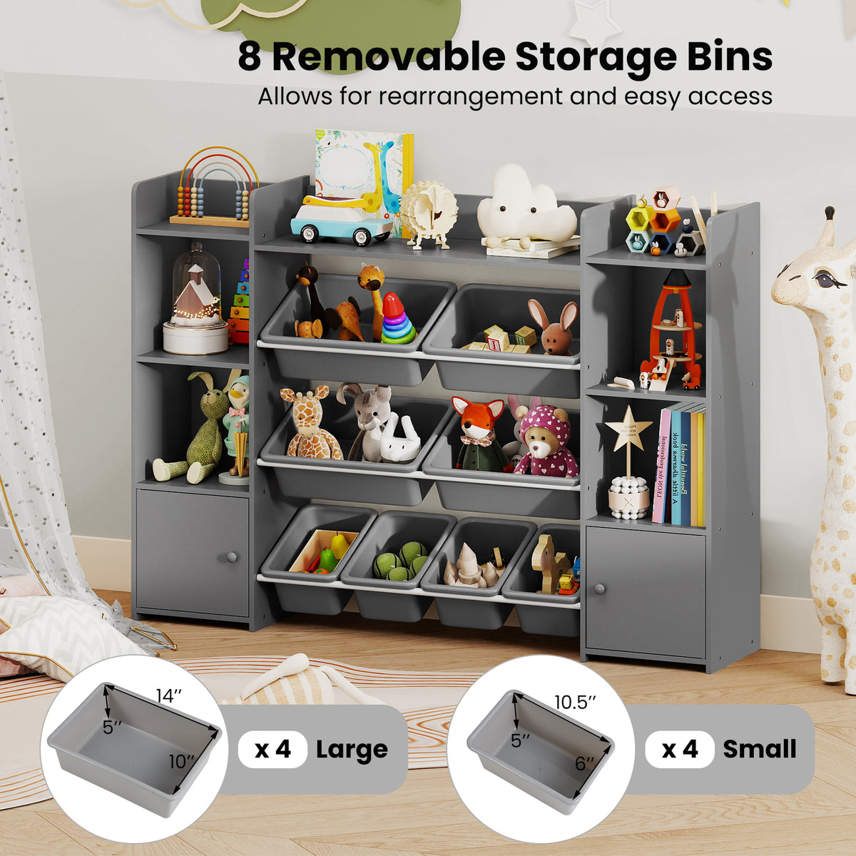 56 inch Large Toy Storage Organizer with 8 Removable Bins and Bookshelf-Gray