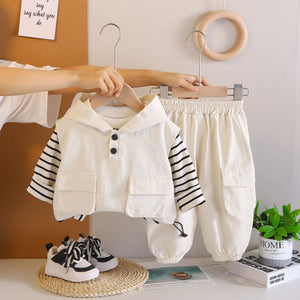 Handsome Boy Casual Spring And Autumn New Big Pocket Hoodie Vest Three-piece