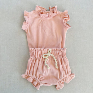 Rib Cotton Short Sleeve Wooden Ear Rompers Jumpsuit