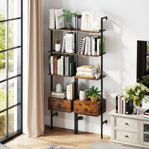 5-Tier Ladder Bookcase with Drawer and Metal Frame for Study Home Office-Rustic Brown