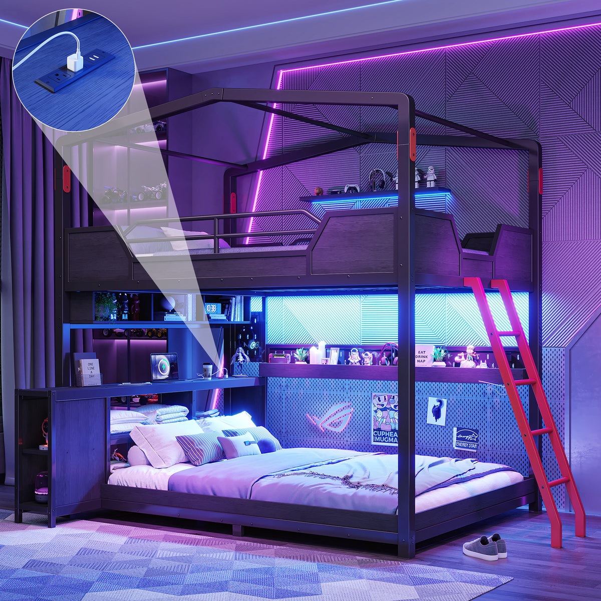 Full Over Full Gaming Bunk Bed with Desk, LED Lights & USB Ports, House-Shaped Metal Bunk Bed Frame with Storage Shelves, Guardrail and Ladder, Space-Saving Black Bunk Bed for Kids Teens Bedroom
