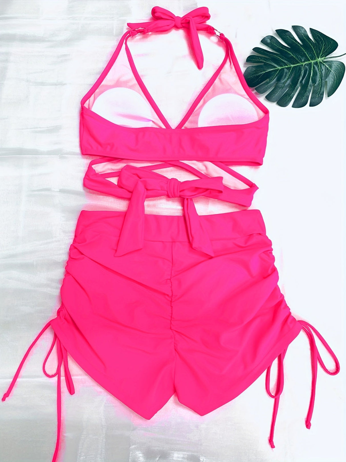 Coastal Curve Halter Bikini Set for Women – V-Neck Crisscross Drawstring Swimsuit with Chic Ring Detail & High-Waisted Boxer Shorts for Summer – Sleek Two-Piece Nylon Swimwear for Women’s Beach & Poolside Style