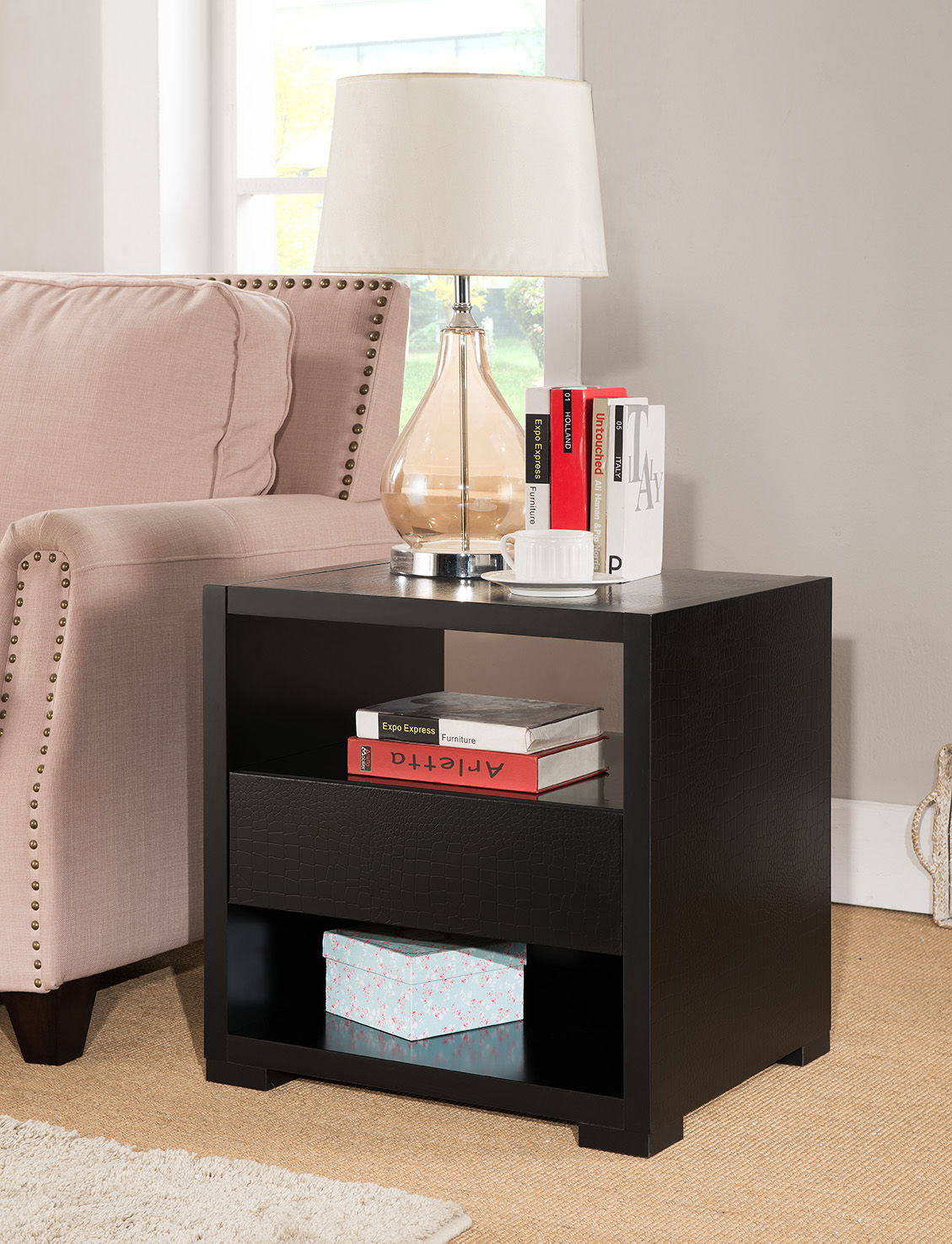 Accent Table, Sofa Side Table With Drawer And 2 Tier Shelves - Black by Couch.com