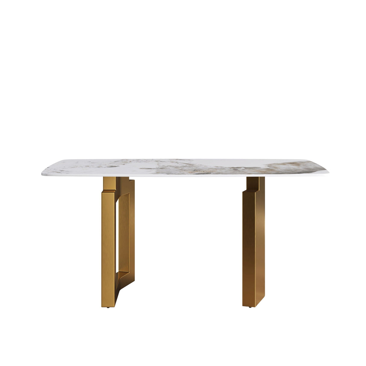 63" Artificial Stone Pandora White Curved Golden Metal Leg Dining Table, 6 People - Antique White / Gold by Couch.com