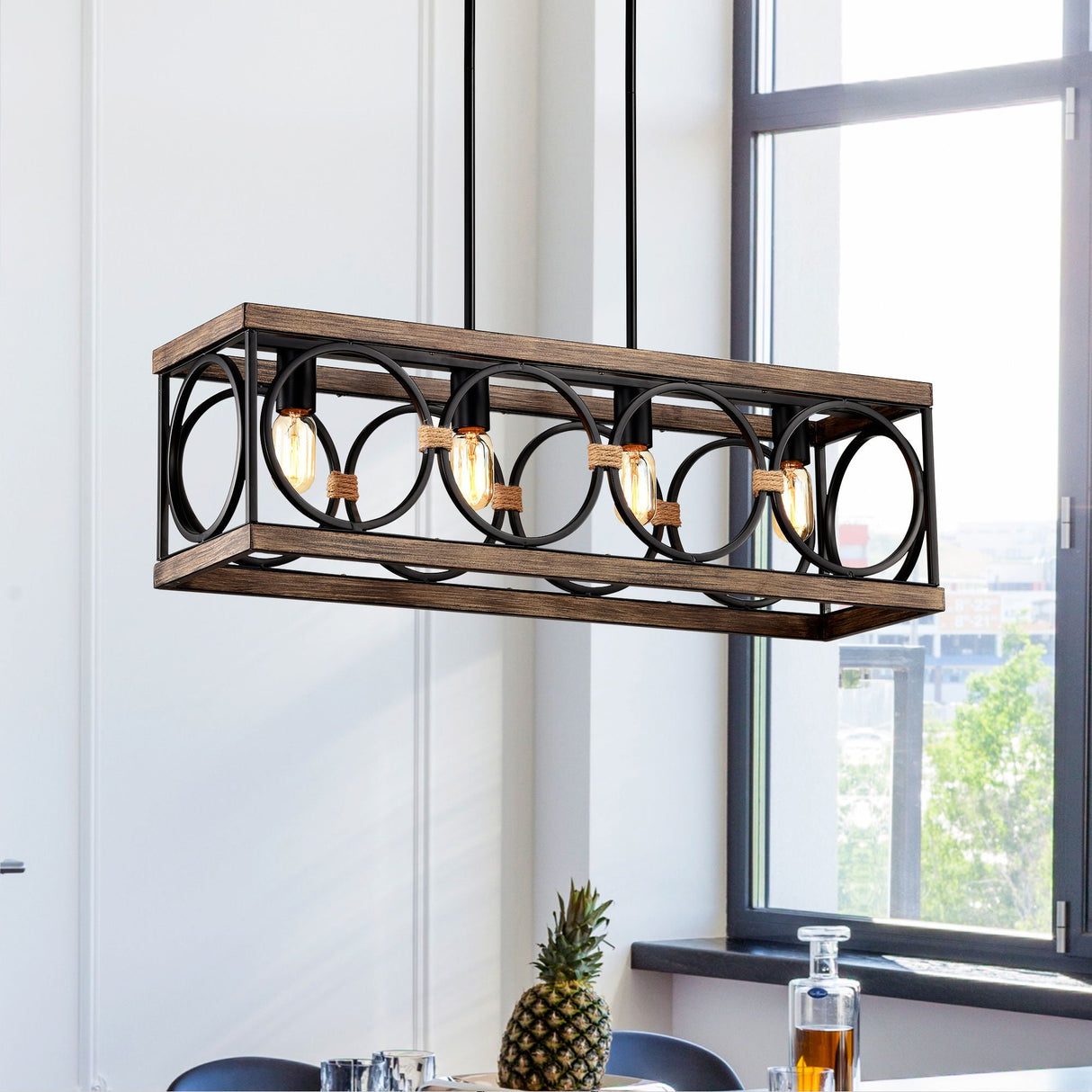 Kitchen Island Lights Ceiling Light Farmhouse Dining Room Light Fixture, Wood And Metal Rectangular Ceiling Light, Ceiling Lighting For Living Room, Conference Room, Home Office by Couch.com