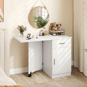 Folding Computer Desk with Drawer Mobile Home Office Desk with Cabinet-White