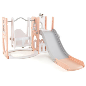 7-in-1 Toddler Swing and Slide Set L-shaped with Ladder and Basketball Hoop-Pink