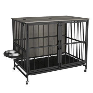 Modern Kennel Dogs Room Up To 80 Lb, Dog Crate Furniture With Multi-Purpose Rremovable Ttray, Double-Door Dog House, Lift Panel, 360 Degree Rotation, 3 Height Adjustable Feeding Bowls by Couch.com