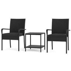 3 Piece Patio Furniture Set with Seat Cushions and Tempered Glass Tabletop-Black