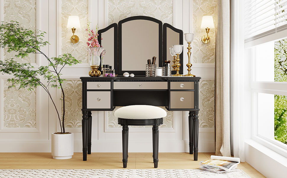 Dressing Table Set With Mirrored Drawers And Stool, Tri-Fold Mirror, Makeup Vanity Set For Bedroom by Couch.com