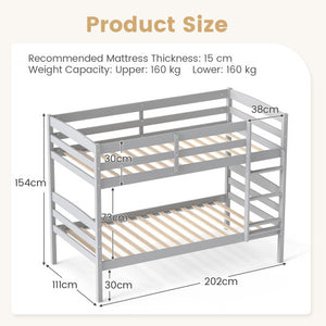 Solid Wood Twin Over Twin Bunk Bed Frame with High Guardrails and Integrated Ladder-Gray