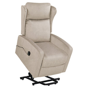The Power Lift Recliner Chair in light gray features a plush backrest, curved armrests, adjustable lift mechanism, and remote control. It includes a raised base for easy lift and a side pocket for convenience.