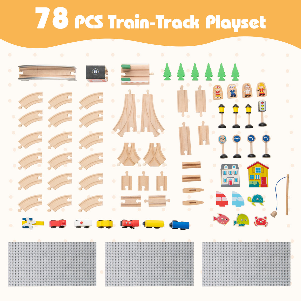 78 Pieces Wooden Train Set Activity Railway Playset for Kids Aged 18M+