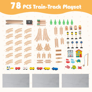 78 Pieces Wooden Train Set Activity Railway Playset for Kids Aged 18M+