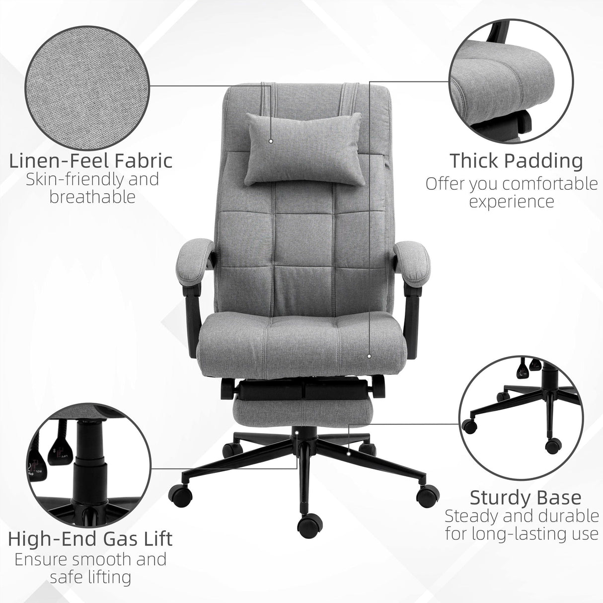 Vinsetto - Executive Linen-Feel Fabric Office Chair High Back Swivel Task Chair With Adjustable Height Upholstered Retractable Footrest, Headrest And Padded Armrest - Light Gray by Couch.com