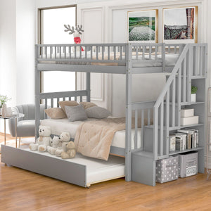 Twin Over Twin Bunk Bed With Trundle And Storage - Gray by Couch.com