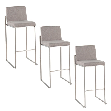 Three Fuji - Contemporary And Modern Elegance High Back Barstools with light gray upholstery and sleek metal frames are arranged in a staggered, step-like formation against a white background.