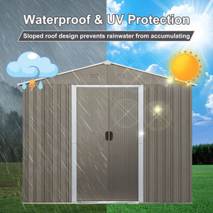 The 8X10Ft Outdoor Metal Storage Shed in gray features a sloped roof design to prevent rainwater accumulation, providing waterproof and UV protection. Displayed amidst a clear sky and grass field, it stands resilient against both rain and sunshine.