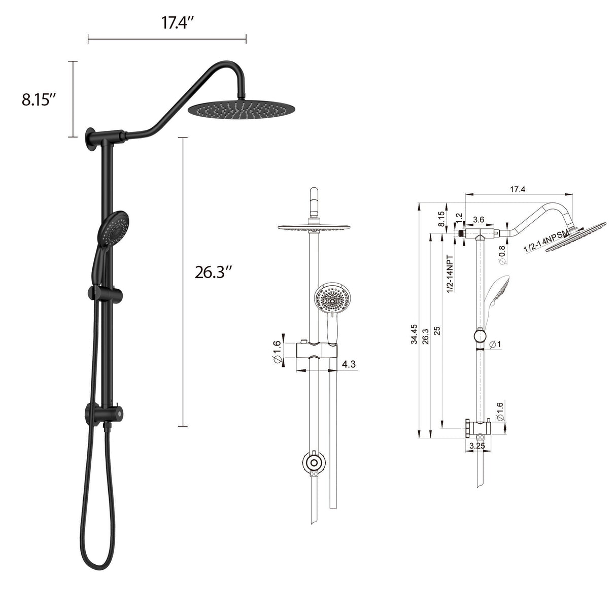 Shower System With 5 Function Rain Hand Shower And Slide Bar Combo