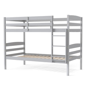 Solid Wood Twin Over Twin Bunk Bed Frame with High Guardrails and Integrated Ladder-Gray