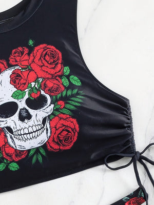 Bikini Skull Print Hollow-Out 2 Piece Swimsuit for Women – Sexy Lace-Up Floral Tie Bathing Suit with Crew Neck – High Stretch Halloween Inspired Bikini Set for Beach Party, Festival, and Summer Vacation