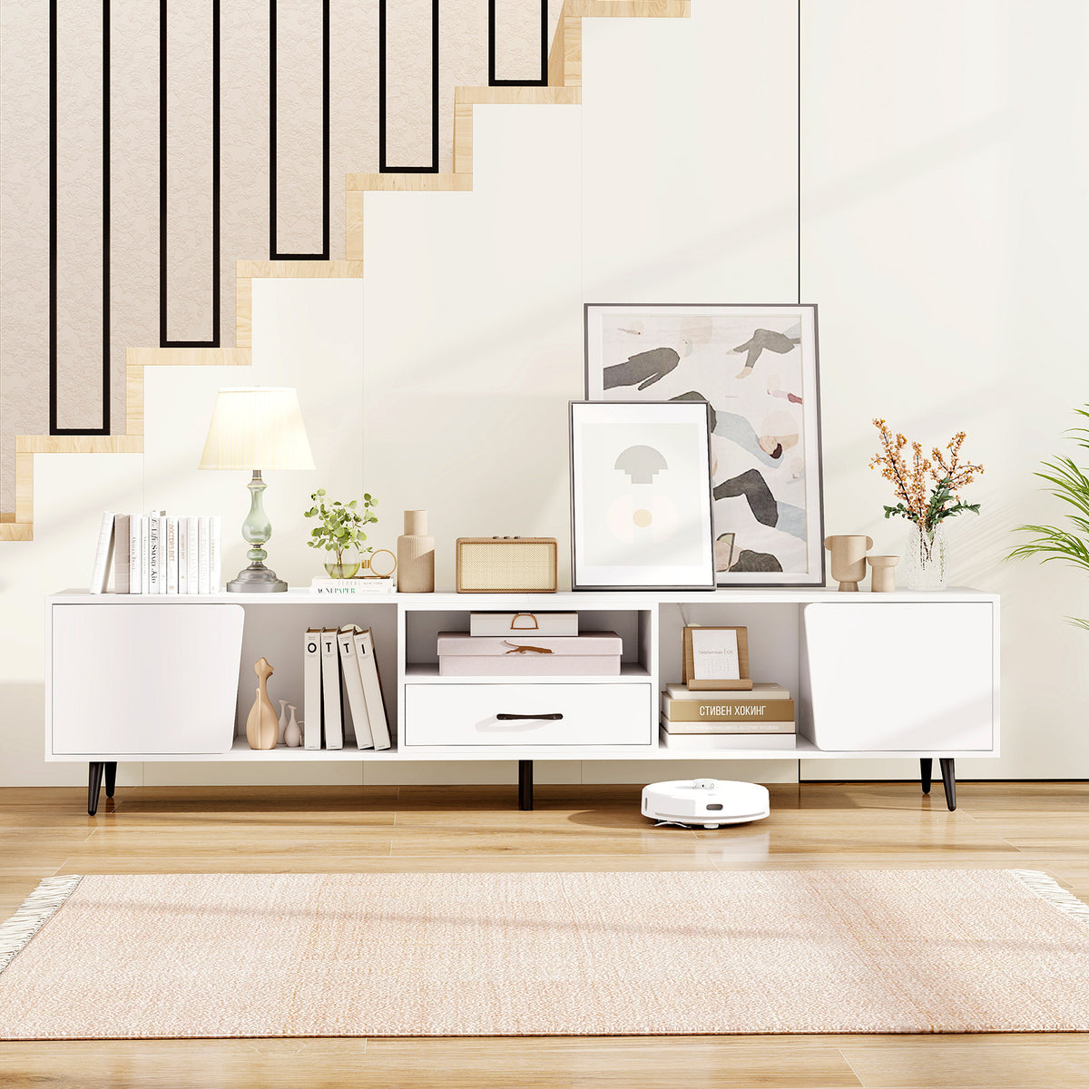 79" TV Stand for TVs up to 90 Inches Entertainment Center Wood Media Console Table Modern Mid Century TV Cabinet-White