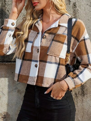 Women Brown Plaid Collared Neck Cropped Jacket Trendy & Versatile Outerwear