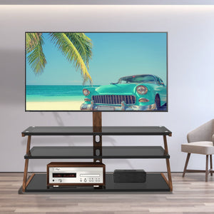 Tempered Glass Height Adjustable Universal Swivel Glass Floor Media Storage Stand With Mount Heat-Transferred Printing Metal Tube, Walnut / Black - Walnut / Black by Couch.com