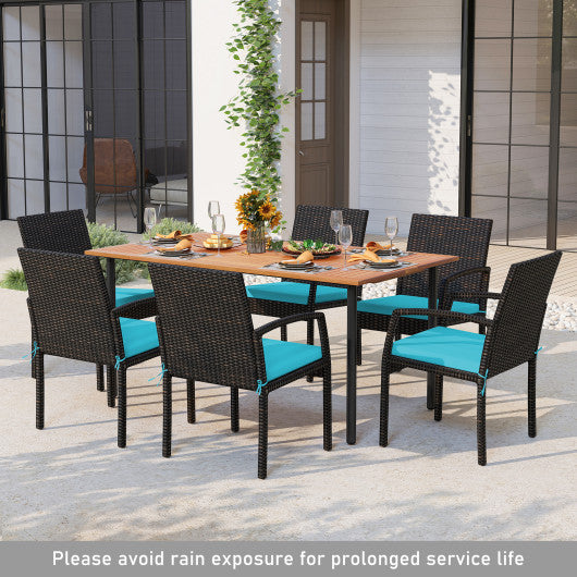 7 Pieces Outdoor Dining Set Acacia Wood Table with Umbrella Hole and Cushions-Turquoise
