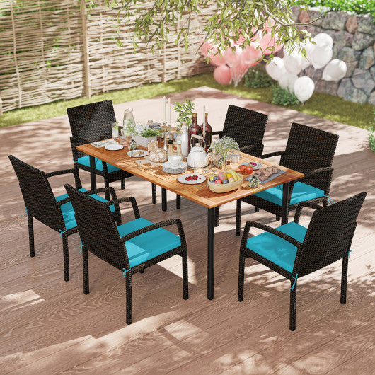 7 Pieces Outdoor Dining Set Acacia Wood Table with Umbrella Hole and Cushions-Turquoise