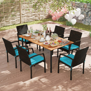 7 Pieces Outdoor Dining Set Acacia Wood Table with Umbrella Hole and Cushions-Turquoise