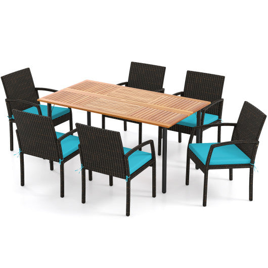 7 Pieces Outdoor Dining Set Acacia Wood Table with Umbrella Hole and Cushions-Turquoise