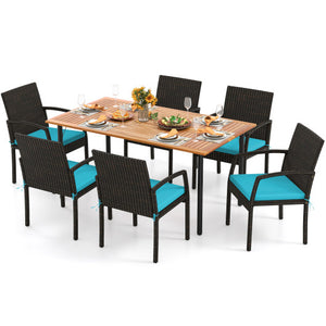 7 Pieces Outdoor Dining Set Acacia Wood Table with Umbrella Hole and Cushions-Turquoise