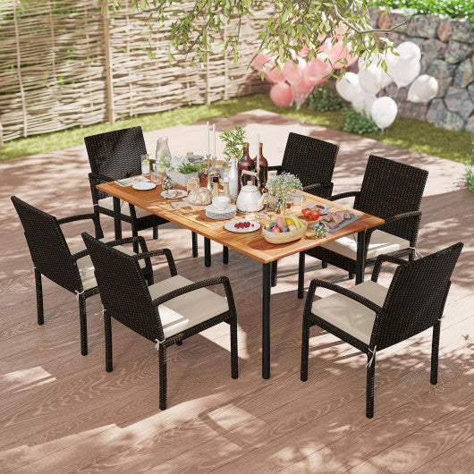 7 Pieces Outdoor Dining Set Acacia Wood Table with Umbrella Hole and Cushions-White