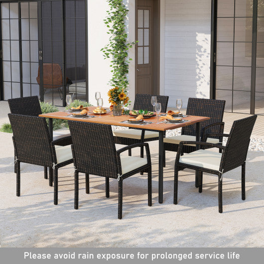 7 Pieces Outdoor Dining Set Acacia Wood Table with Umbrella Hole and Cushions-White