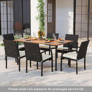 7 Pieces Outdoor Dining Set Acacia Wood Table with Umbrella Hole and Cushions-White