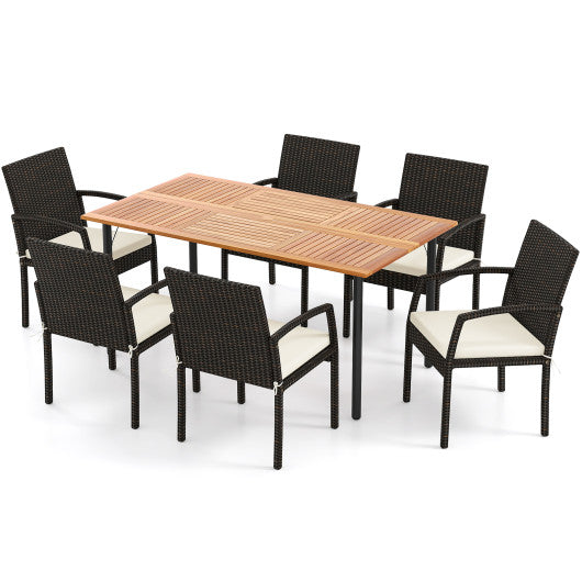 7 Pieces Outdoor Dining Set Acacia Wood Table with Umbrella Hole and Cushions-White