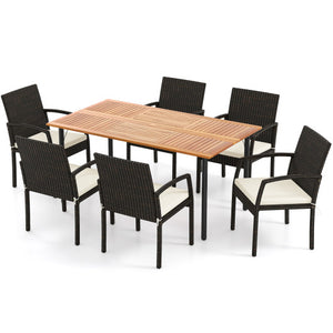 7 Pieces Outdoor Dining Set Acacia Wood Table with Umbrella Hole and Cushions-White