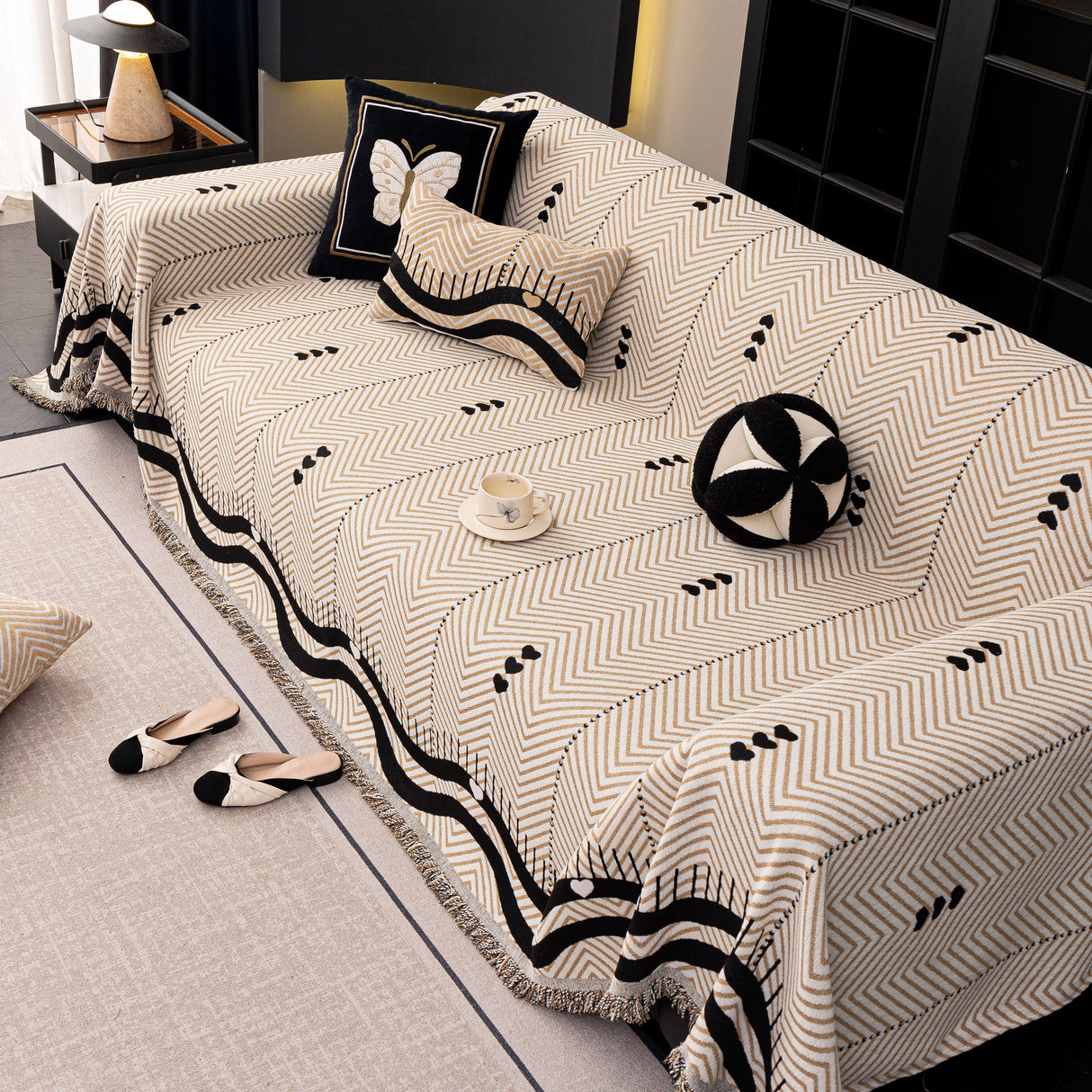 Chenille Sofa Throw Cover, Textured Chevron Decorative Couch Blanket for Living Room